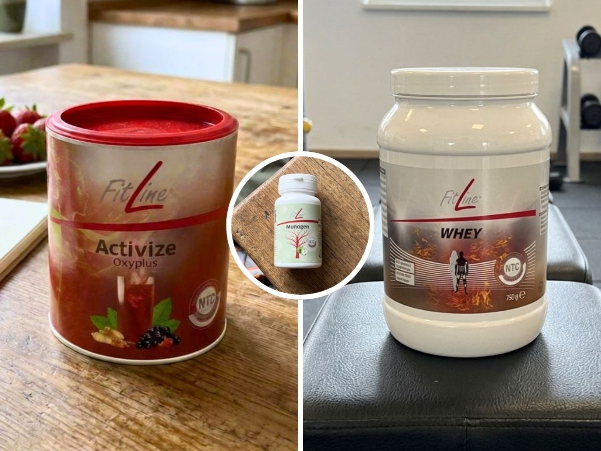 FitLine Munogen al centro, abbinato a FitLine Activize Oxyplus e FitLine Whey in un contesto di utilizzo domestico.