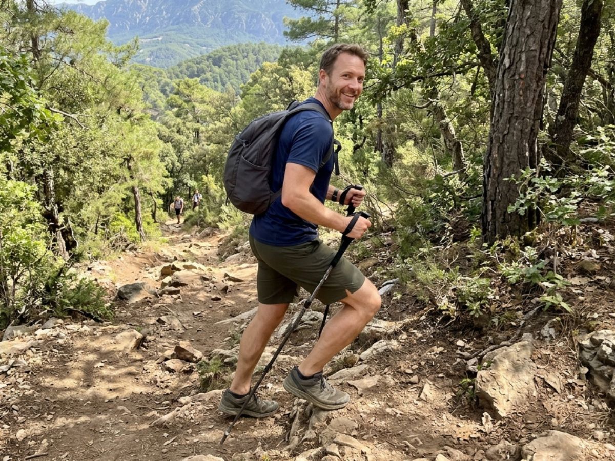 Uomo in salita su un sentiero di montagna con passo elastico