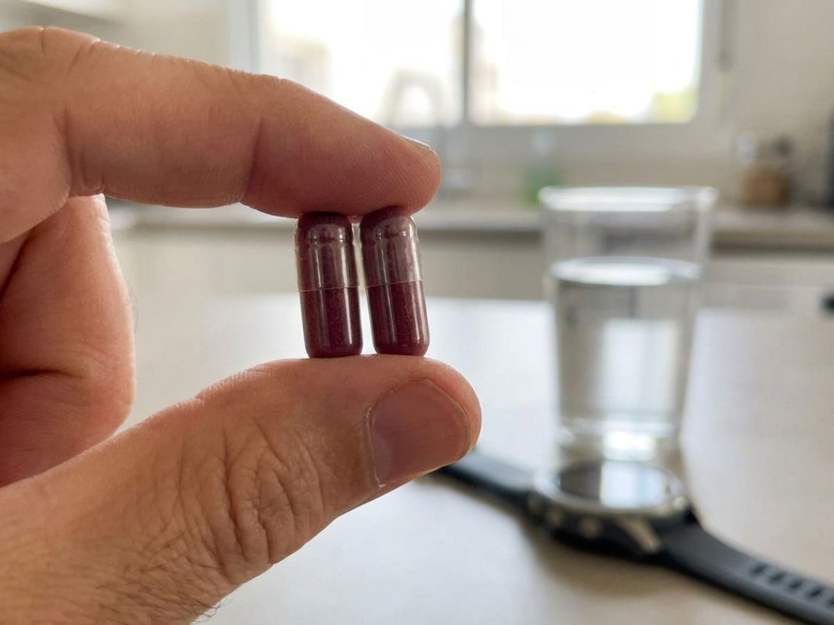 Munogen FitLine: due capsule in mano con bicchiere d'acqua, mattina con smartwatch