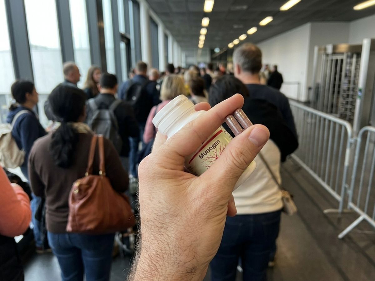 Munogen FitLine: due capsule color prugna e barattolo in mano, persona in coda in piedi all'aeroporto