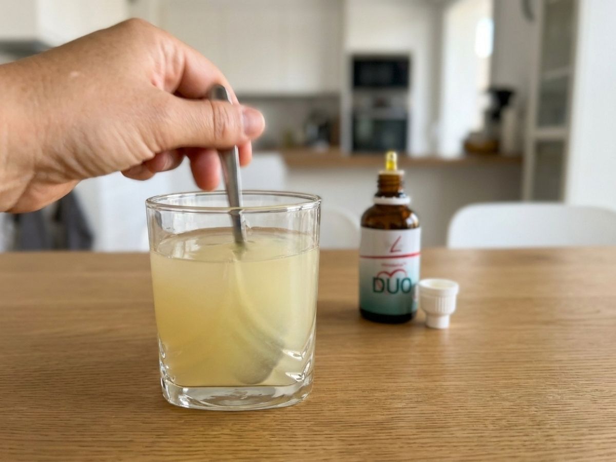 Heart Duo FitLine: mano che mescola liquido color giallo paglierino nel bicchiere con cucchiaino, flacone aperto su tavolo di cucina
