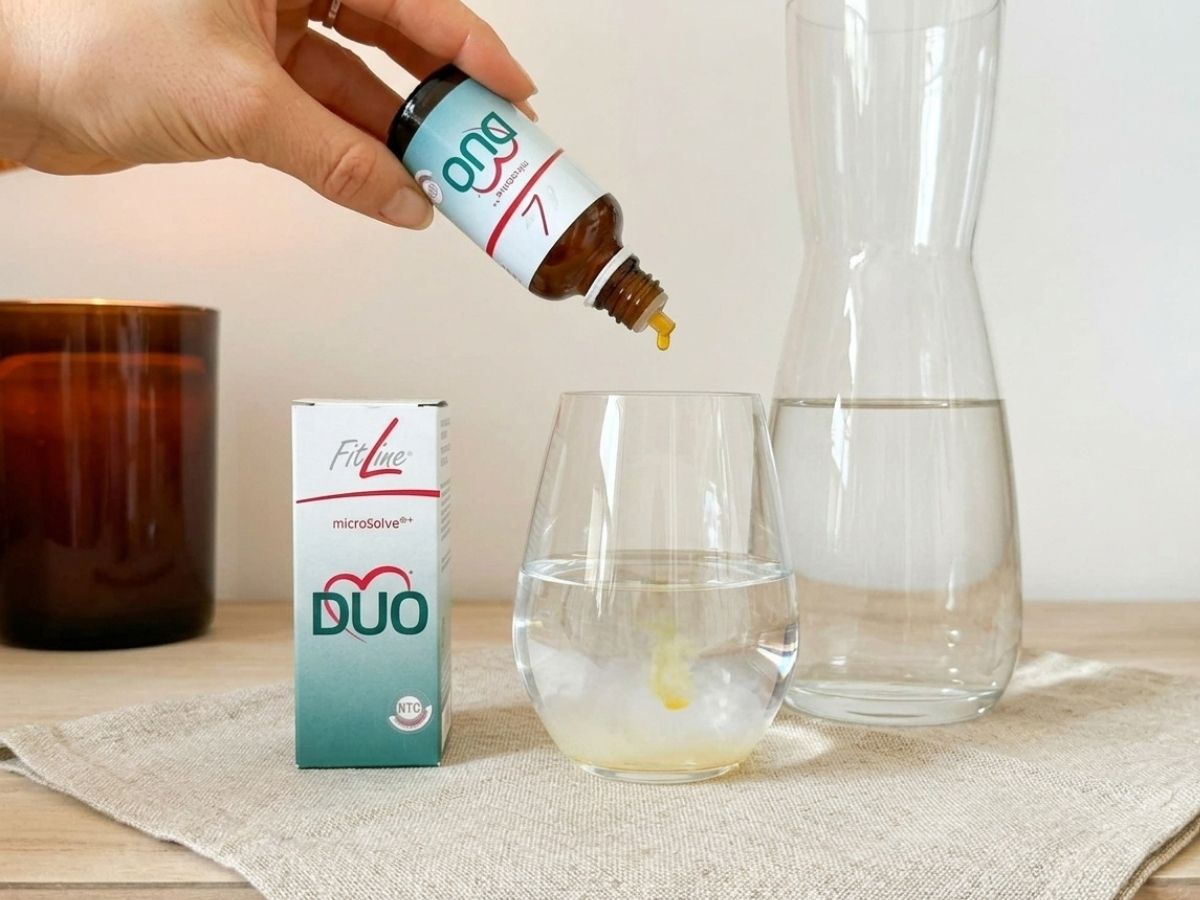 Flacone di Heart Duo FitLine che viene versato in un bicchiere d'acqua, confezione sul tavolo, goccia gialla che si scioglie nel liquido